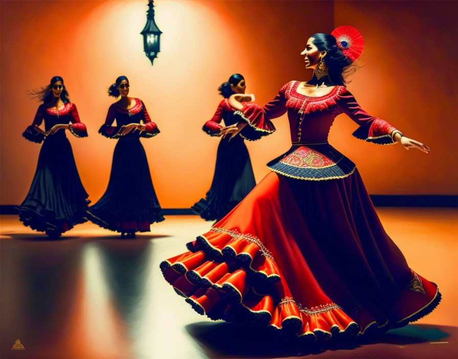 Five women dancing in flamenco dresses under warm lighting