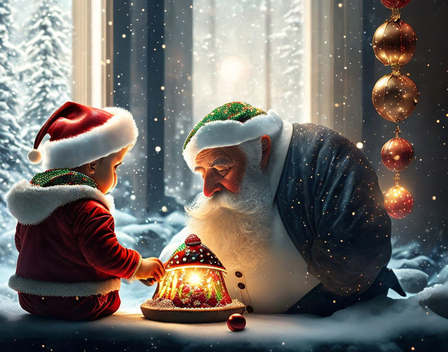 Child and elderly man in Santa hat sharing festive moment by snowy window