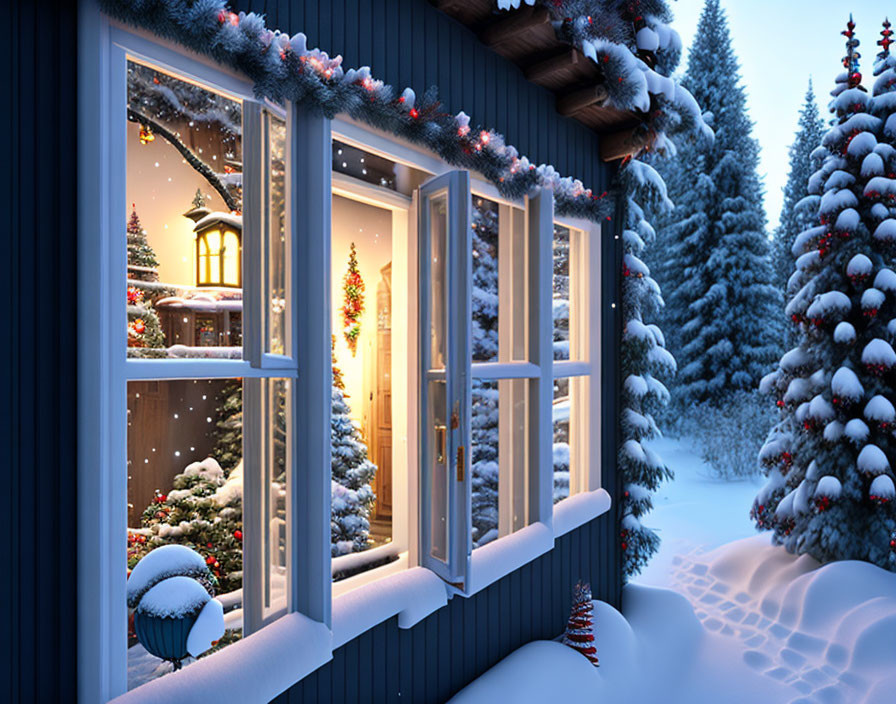 Snowy Winter Scene: Warmly Lit House Window Amidst Pine Trees