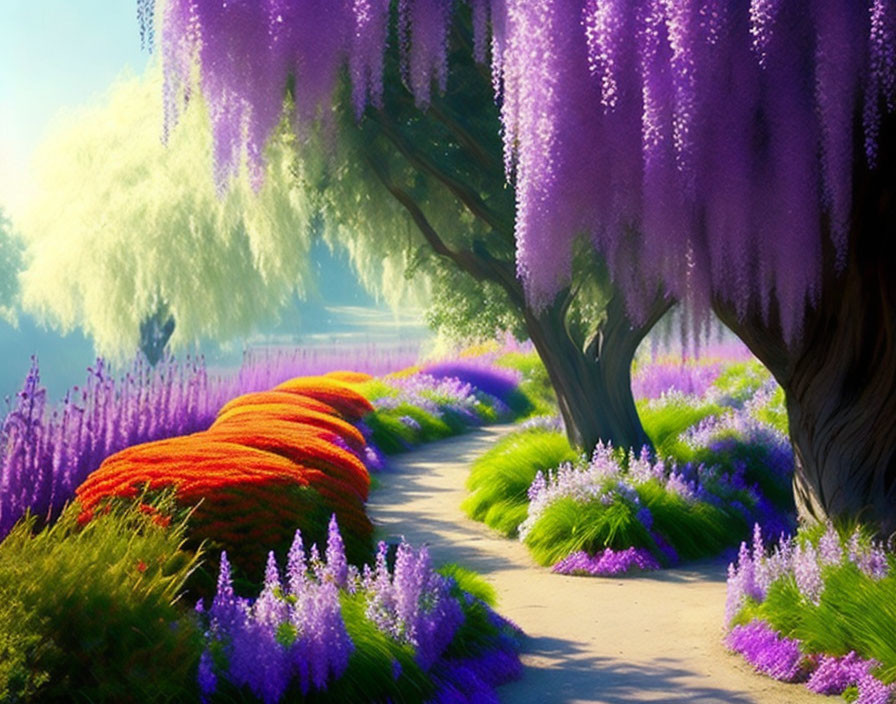 Tranquil pathway with vibrant wisteria trees and flowers in enchanted garden