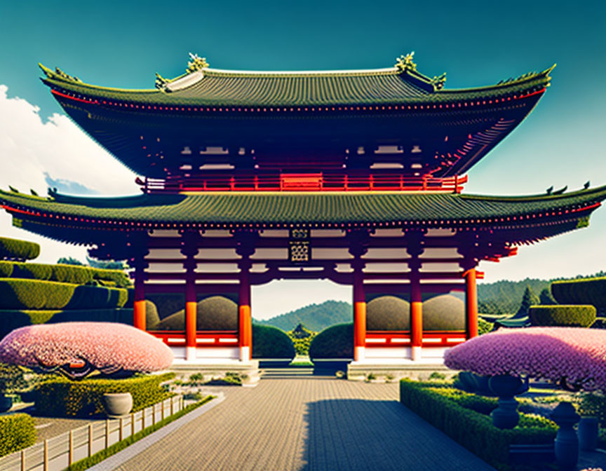 Japanese Shrine Entrance with Torii Gate and Manicured Garden