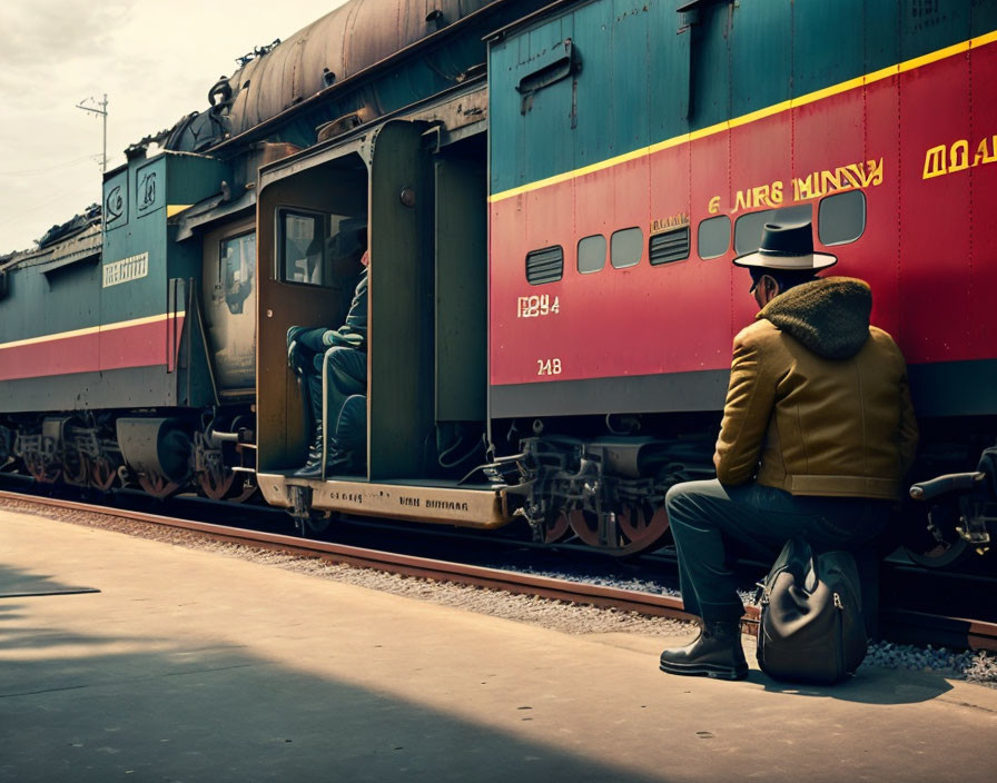 Person in Brown Jacket and Hat Next to Vintage Train Conductor at Station