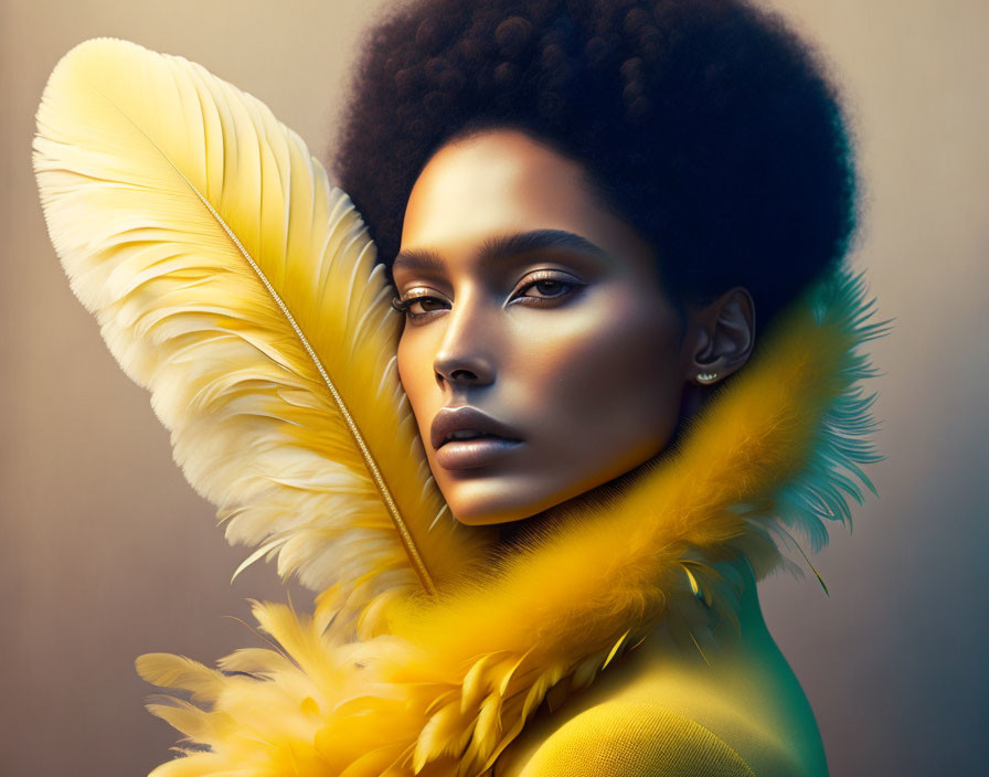 Woman with Afro Hairstyle and Yellow Feathers on Warm Background