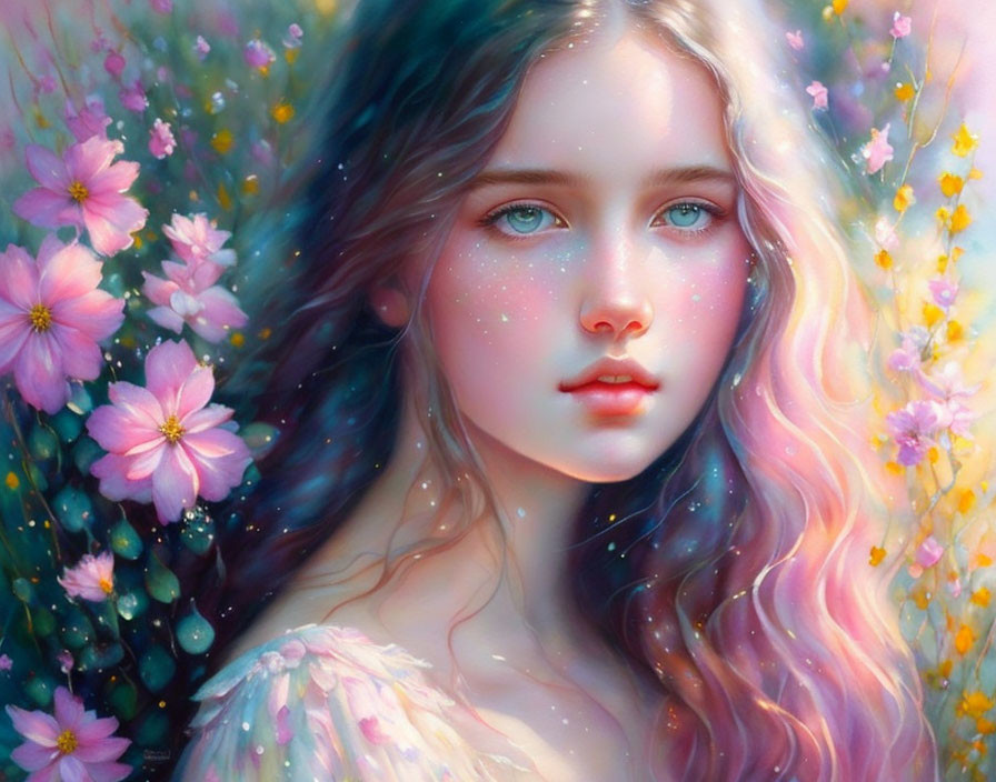 Multicolored hair young woman in digital painting surrounded by vibrant flowers.