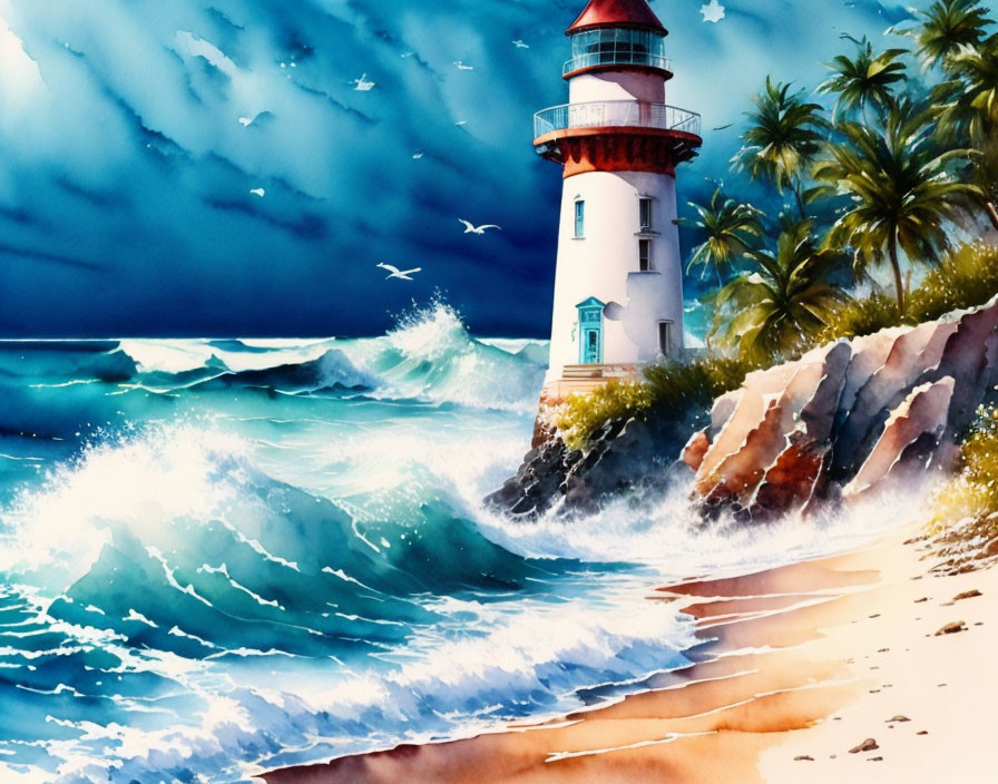 Lighthouse on Cliff Watercolor Painting with Palm Trees