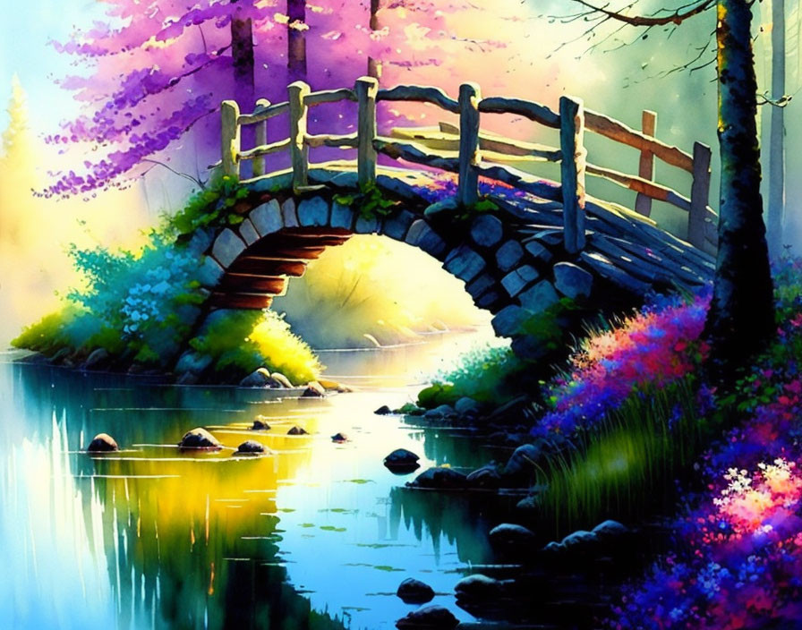 Tranquil river scene with stone bridge and vibrant flowers