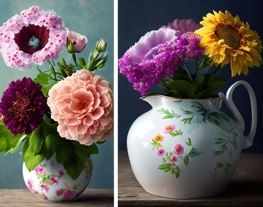 Colorful Floral Arrangements in Decorative Vases on Dark Background