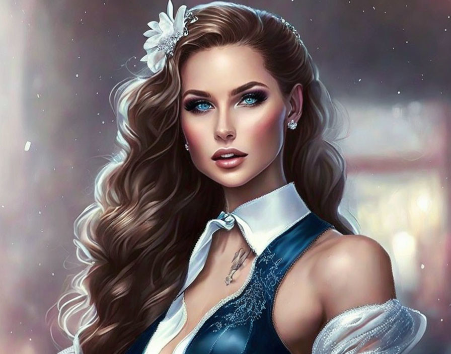 Woman with Blue Eyes in Blue Dress and White Flower: Illustration