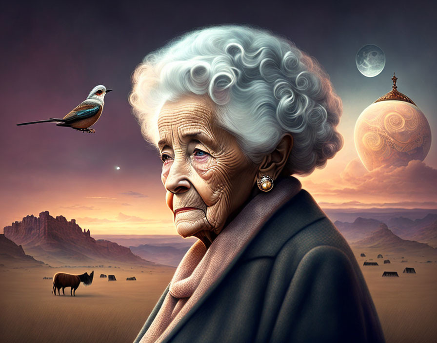 Elderly woman with white hair in contemplation amidst surreal background