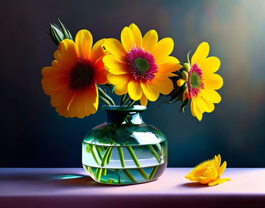 Bright yellow flowers in green glass vase on table with fallen petal, against moody backdrop