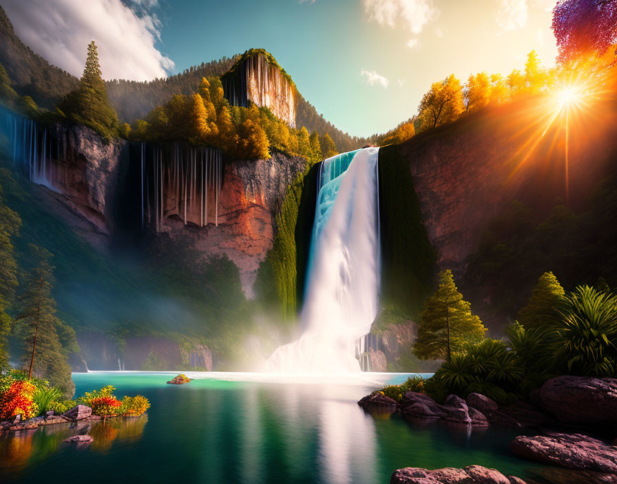 Majestic waterfall flowing into serene lake with lush greenery and cliffs