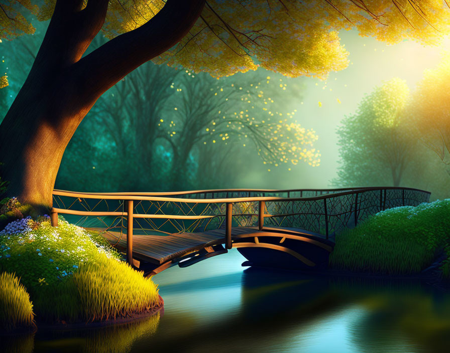 Tranquil park at dusk with wooden bridge over calm river