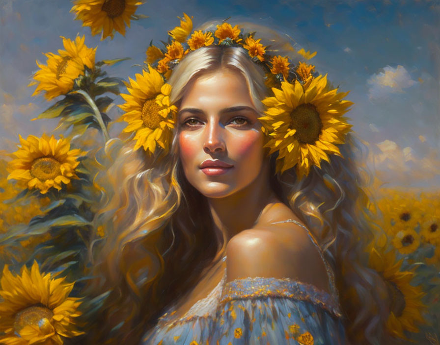 Woman in sunflower crown and dress in sunflower field with soft light.