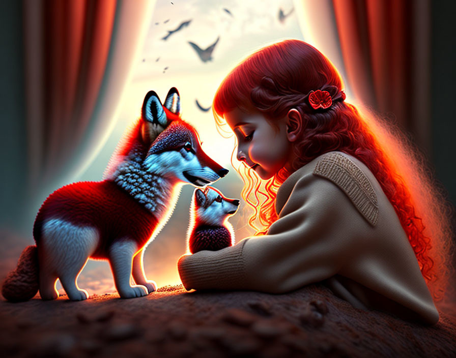 Red-haired girl in brown jacket with luminescent fox in magical forest