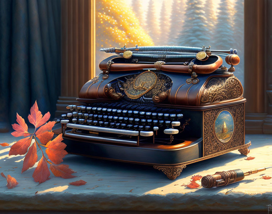 Vintage Ornate Typewriter with Engravings and Autumn Leaf by Window