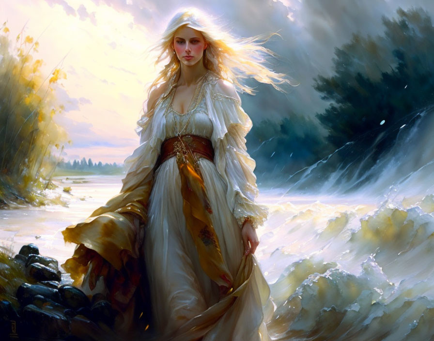 Blonde woman in flowing garments by turbulent river.