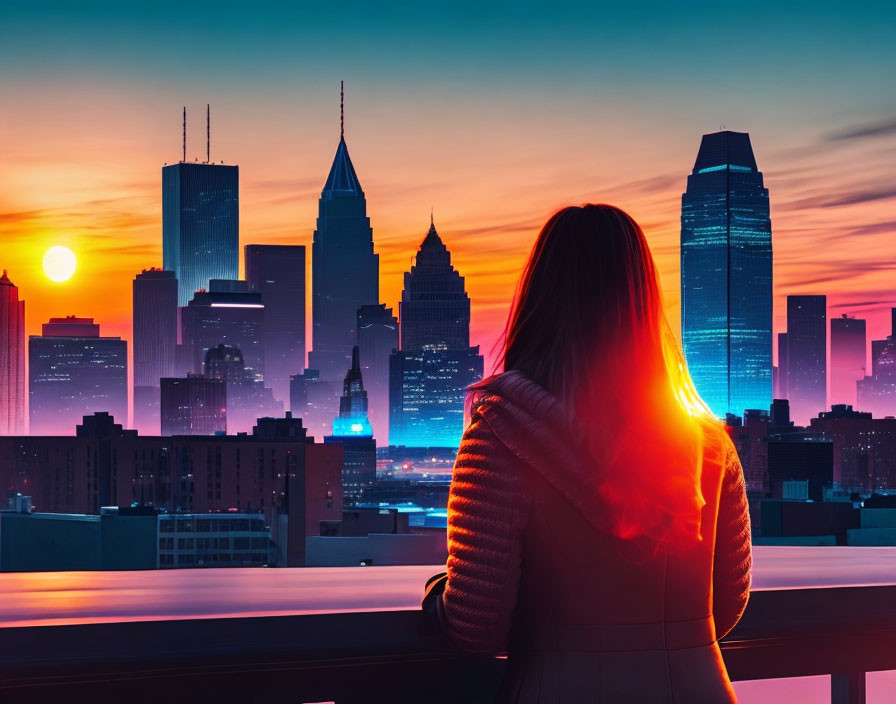 Woman admires vibrant city skyline at sunset with silhouetted skyscrapers.