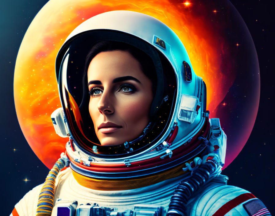 Female astronaut with reflective helmet visor in cosmic scene