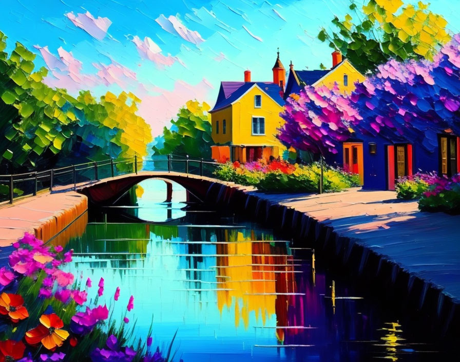 Colorful riverside painting: trees, bridge, reflections, blue sky