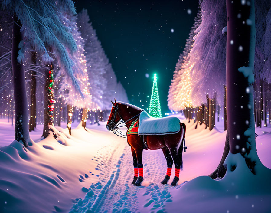 Festive Horse on Snowy Path with Illuminated Trees