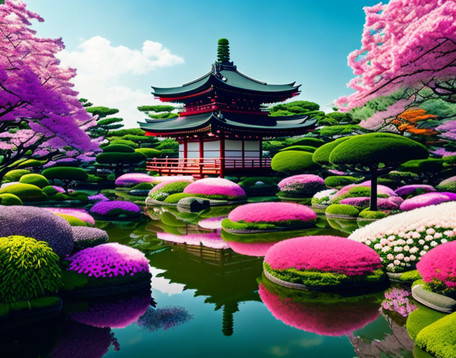 Traditional Japanese Garden with Pagoda, Colorful Flora, Bushes, and Pond