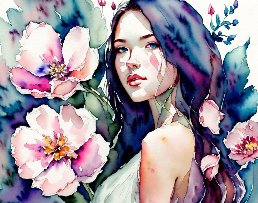 Vibrant watercolor painting of a woman surrounded by flowers