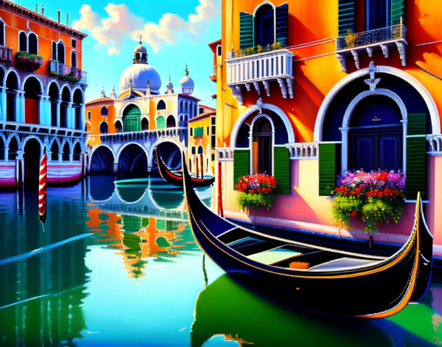 Venetian Canal Illustration with Gondola and Colorful Buildings