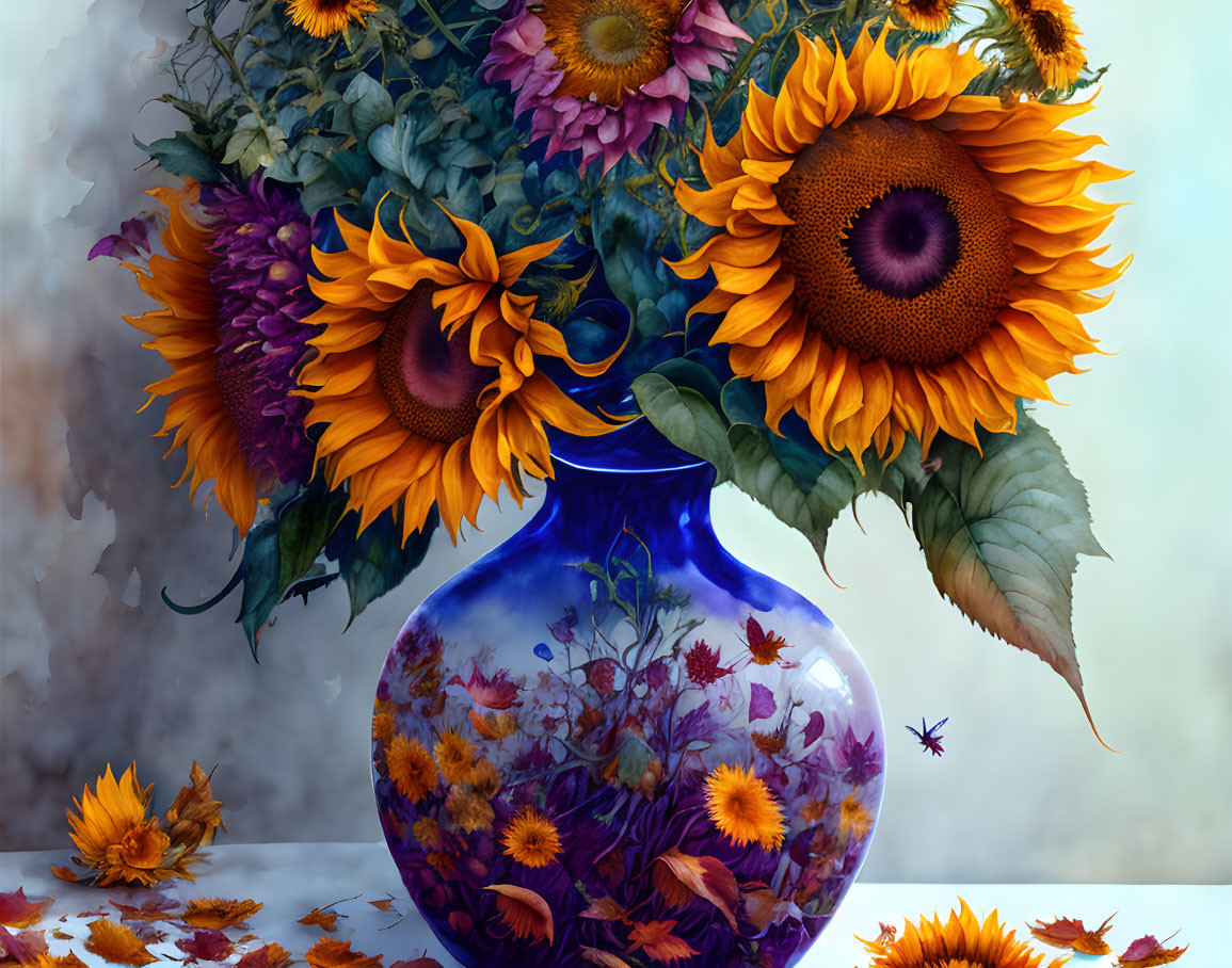 Colorful Sunflower Bouquet in Blue Vase with Floral Designs