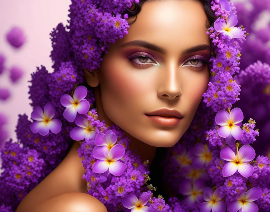 Woman with Vibrant Purple Flowers and Complementary Makeup