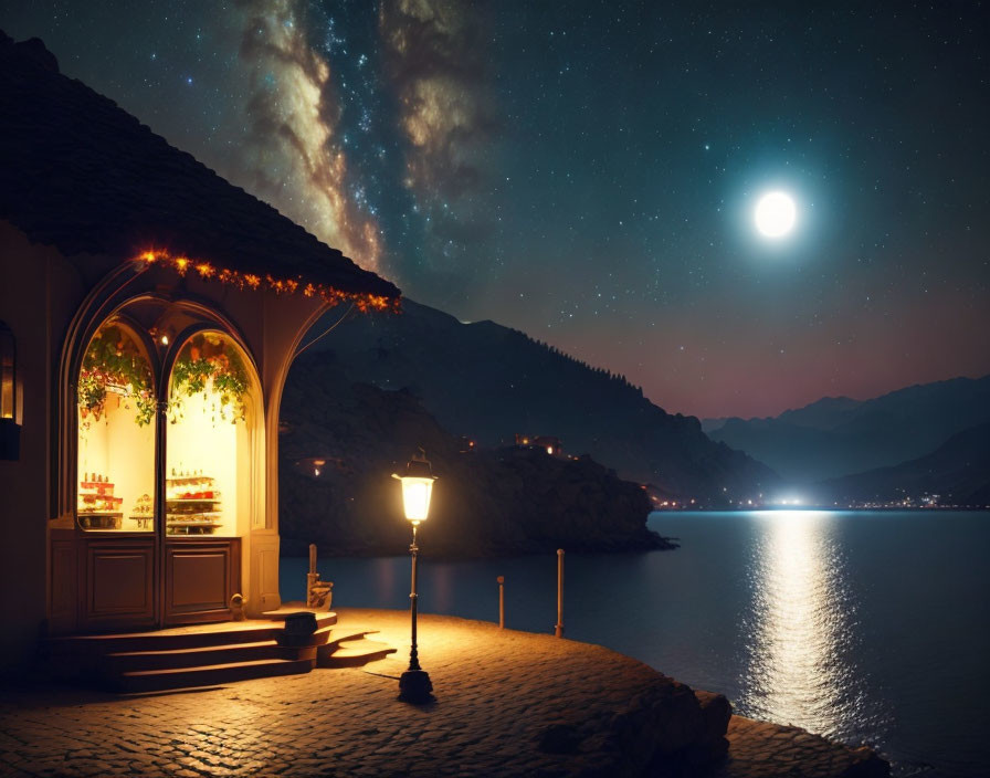 Nighttime waterfront scene with moon, starry sky, and cozy shopfront.