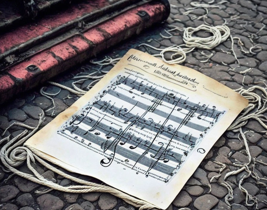 Aged sheet of music on cobblestone with rope & red weathered book