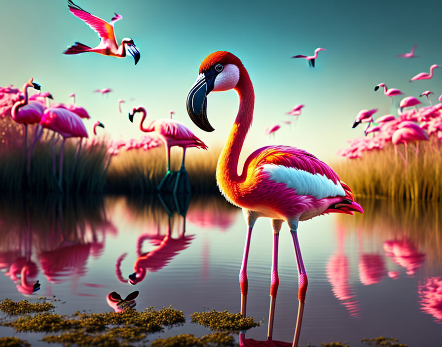 Pink flamingo standing in water at sunset with reflections, surrounded by flying and wading flamingos