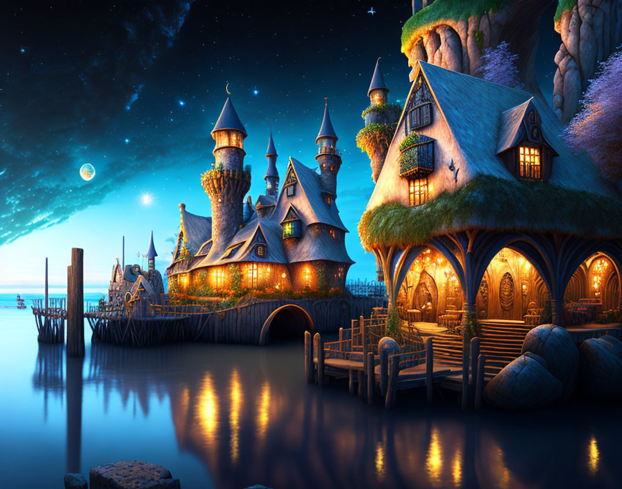 Enchanting night scene: fairytale cottage, castle, serene lake under starry sky