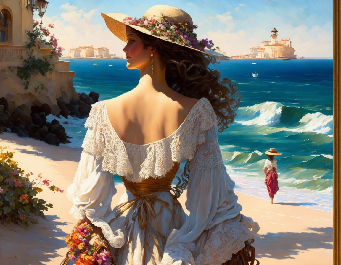 Vintage white dress woman gazes at seaside balcony view with lighthouse and walking figure.