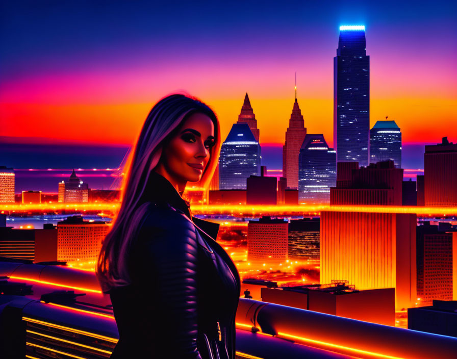 Woman in black jacket against vibrant twilight cityscape