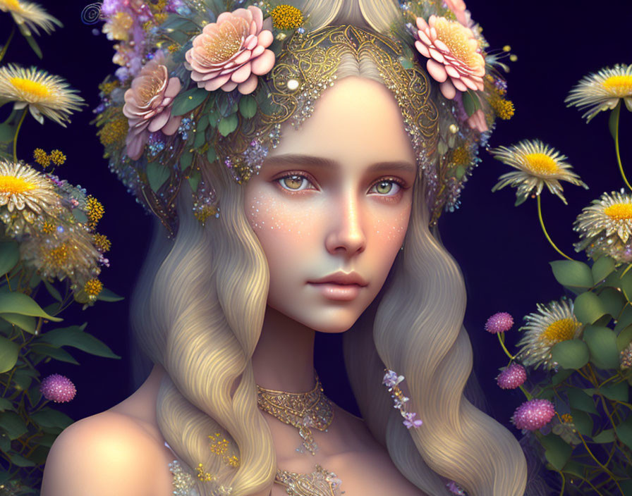 Ethereal portrait of a woman with floral crown and golden jewelry