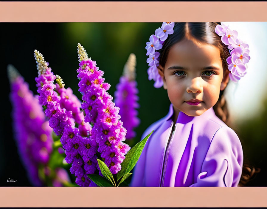 Young girl with flowers in hair in front of vibrant purple flowers gazes at viewer