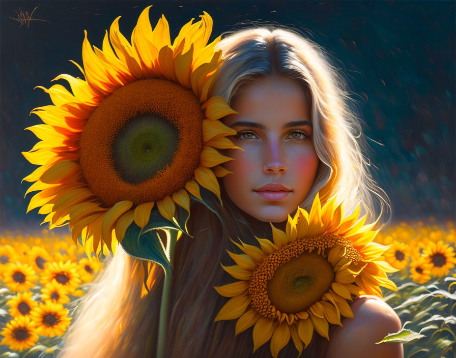 Woman with Striking Eyes Surrounded by Sunflowers in Warm Sunlight