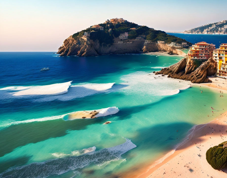 Turquoise coastal view with sandy beach and buildings on headland