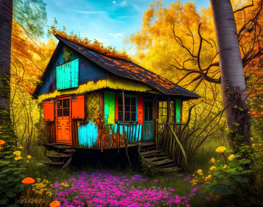 Colorful Wooden Cottage Surrounded by Autumn Foliage