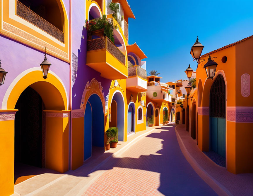 Vibrant Orange and Purple Buildings on Sunlit Street