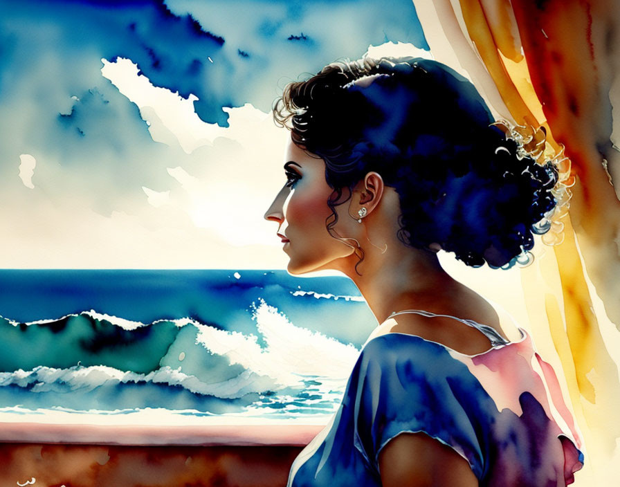 Woman gazing at the sea through window with sunlight and waves