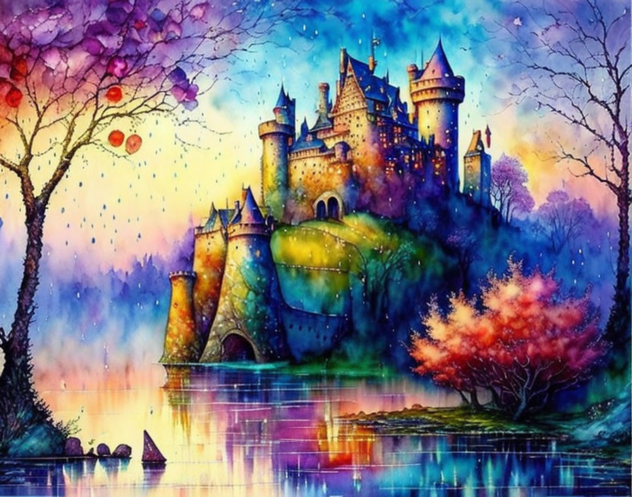 Colorful Watercolor Painting of Enchanting Castle with Trees and Balloons