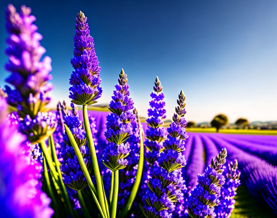 Vibrant purple lavender flowers against blurred field and blue sky