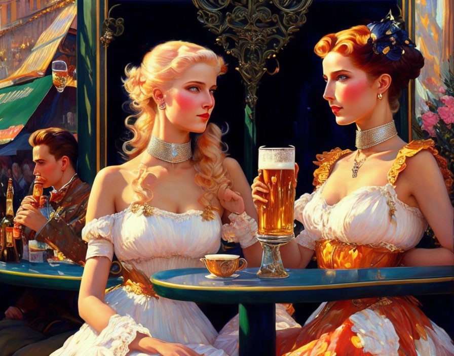 Elegantly dressed women at a bar with man in opulent setting