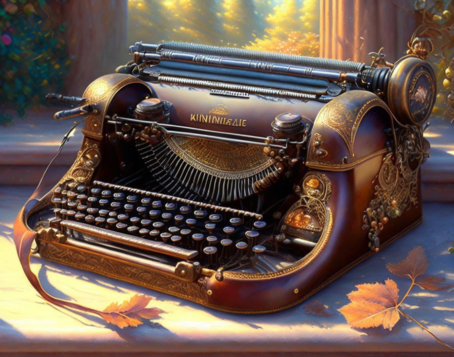 Vintage typewriter with intricate designs on autumnal backdrop