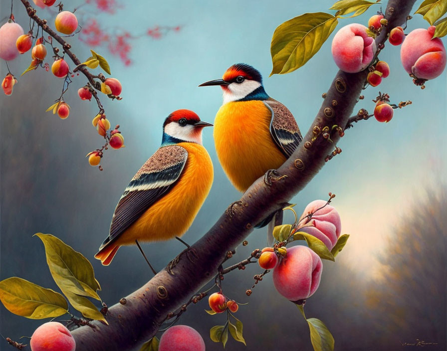 Colorful Birds Perched on Branch with Blossoms and Peaches