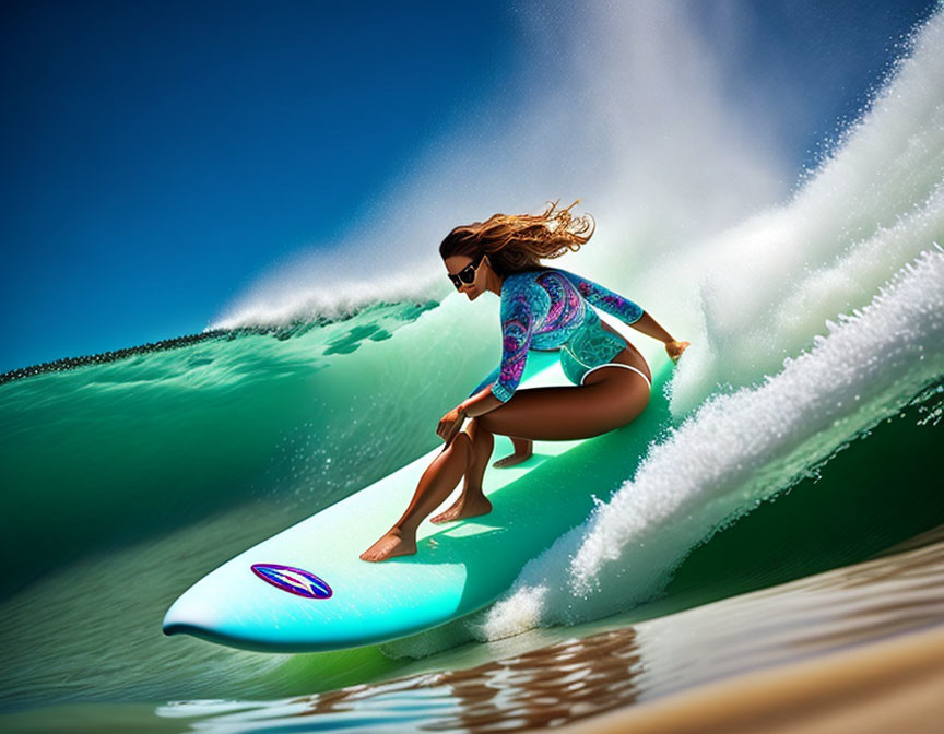 Colorful wetsuit surfer catching wave against blue sky