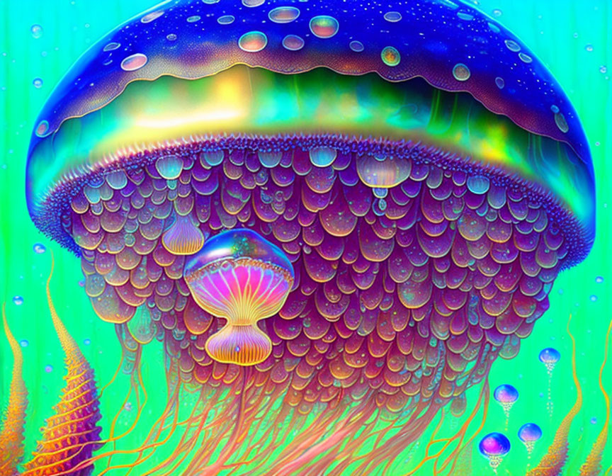 Colorful Psychedelic Jellyfish in Multicolored Oceanic Scene