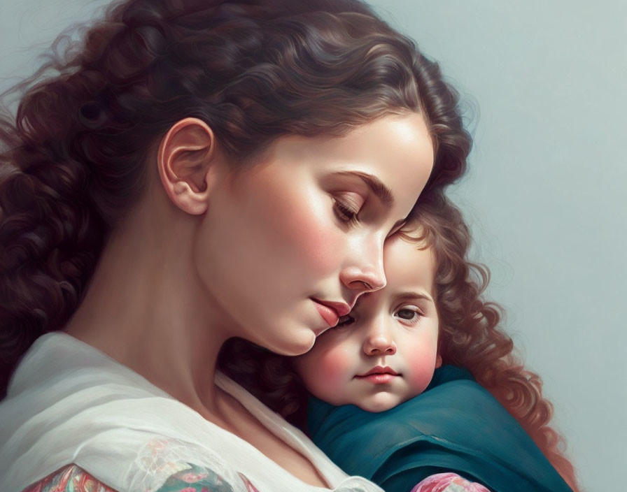 Digital painting: Mother with curly hair embracing child tenderly